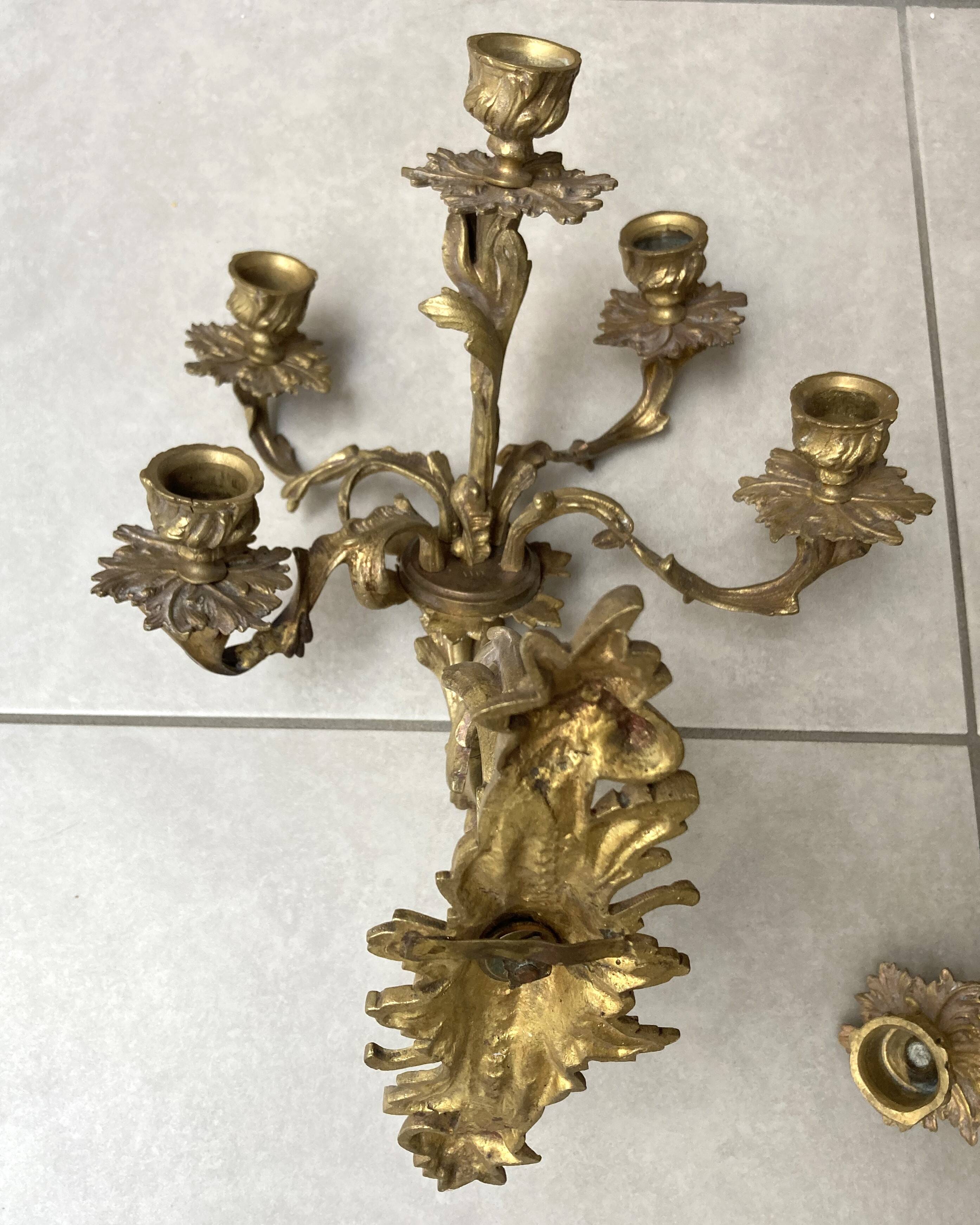 Pair of 5-light gold wall candlesticks