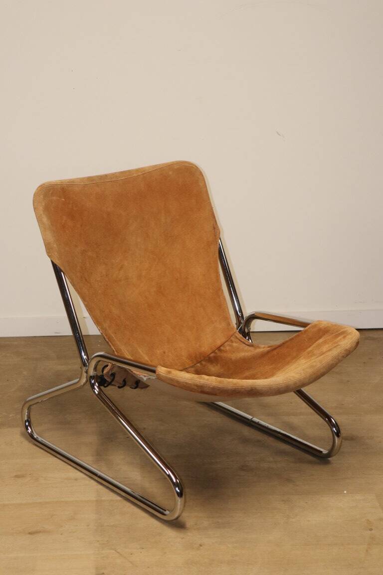 Vintage Suede and Chrome Metal Armchair, 1970s