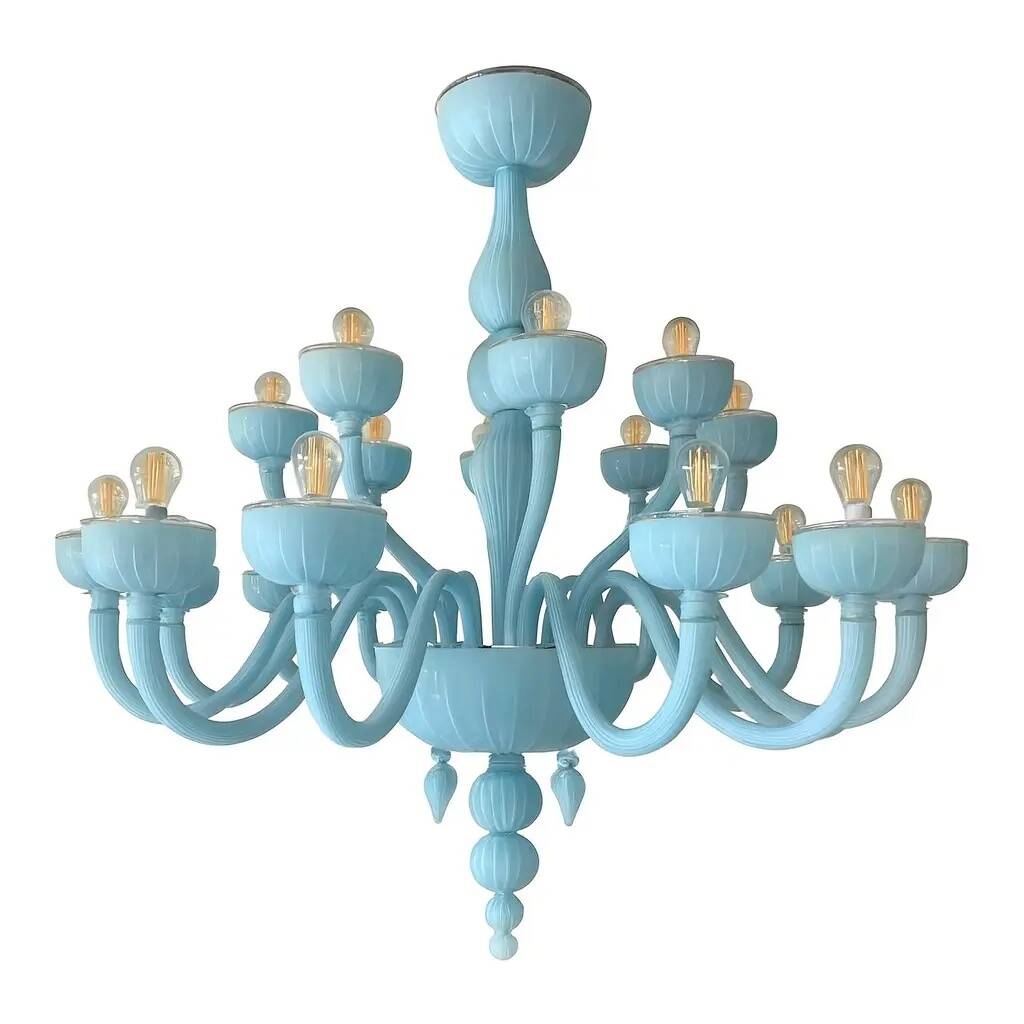 Contemporary 18 Arms Matte Light-Blue Murano Style Glass Chandelier