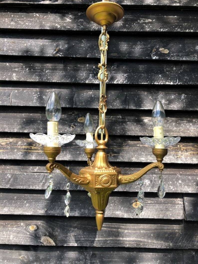 Gilt French Chandelier: Neo Classical 3-Branch Crystal Pendant Light