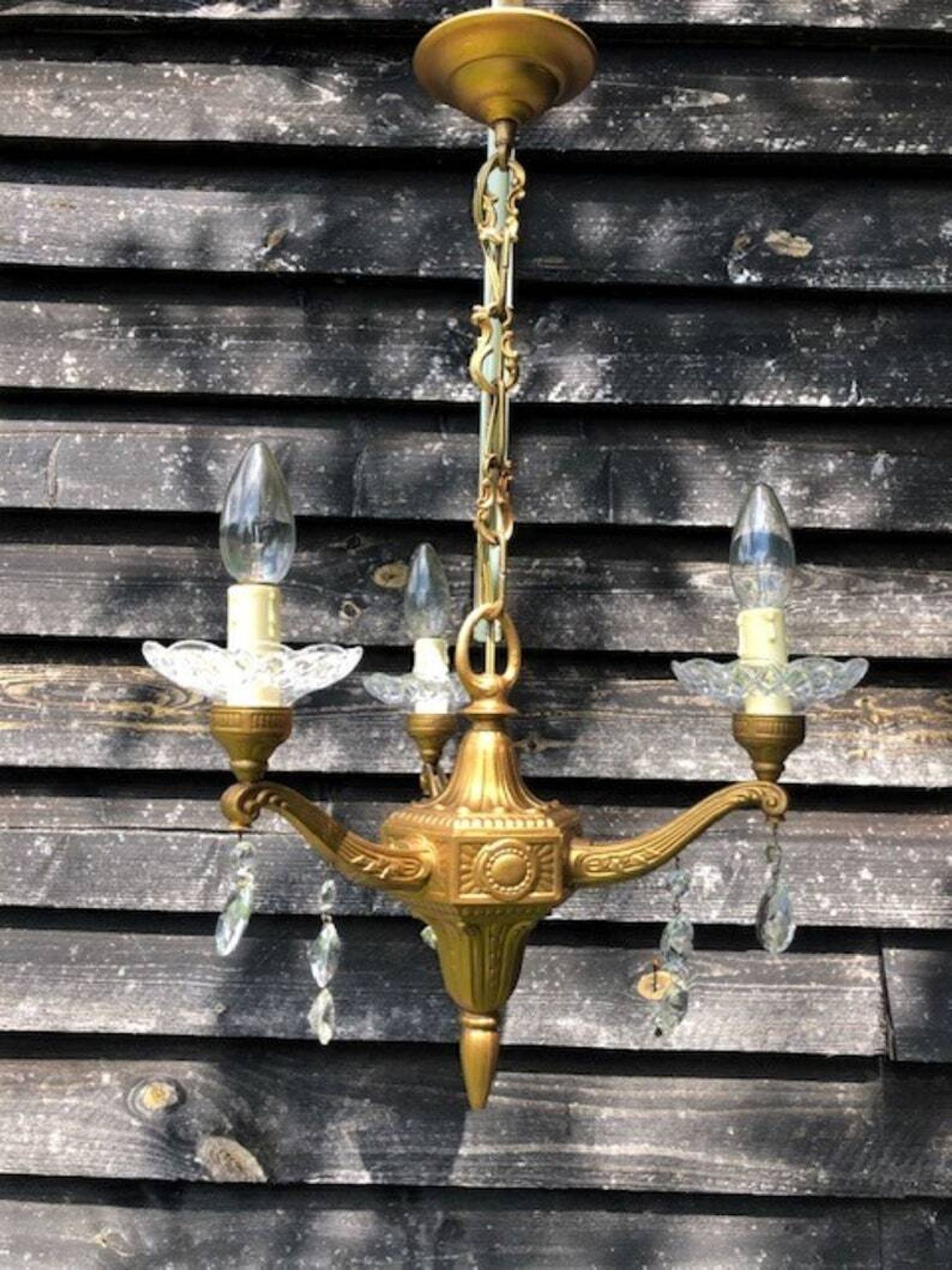 Gilt French Chandelier: Neo Classical 3-Branch Crystal Pendant Light