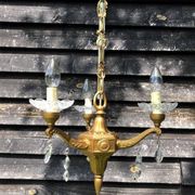 Gilt French Chandelier: Neo Classical 3-Branch Crystal Pendant Light