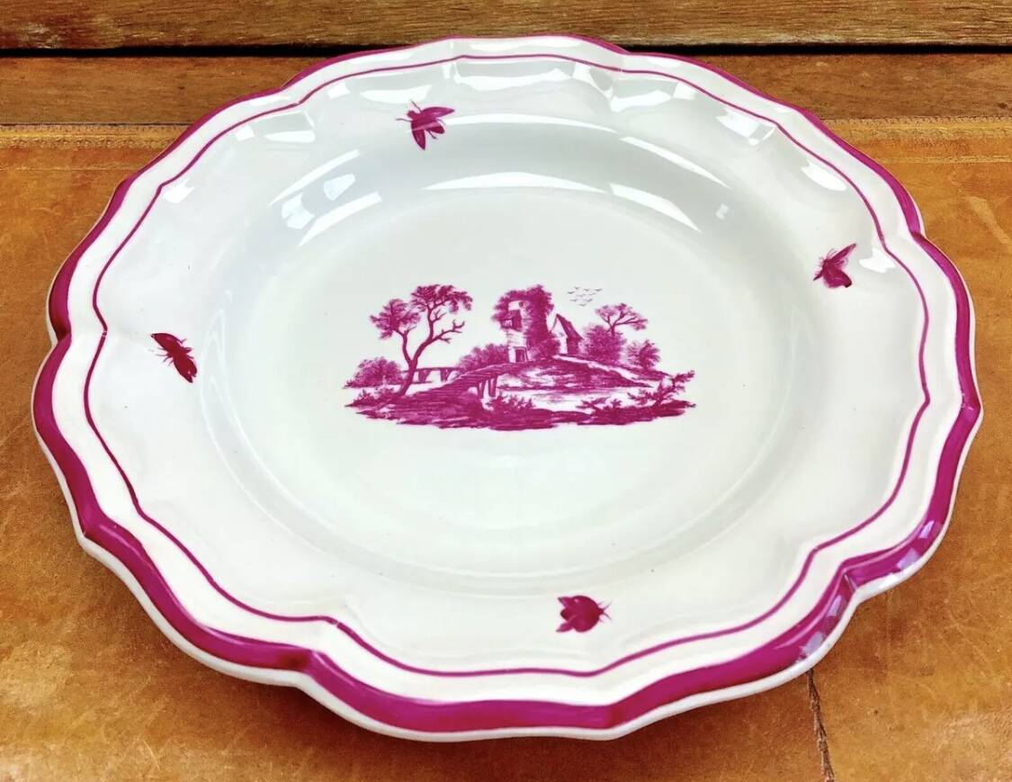 Old round hollow Gien dish, Pink Landscape model, 1938/1960