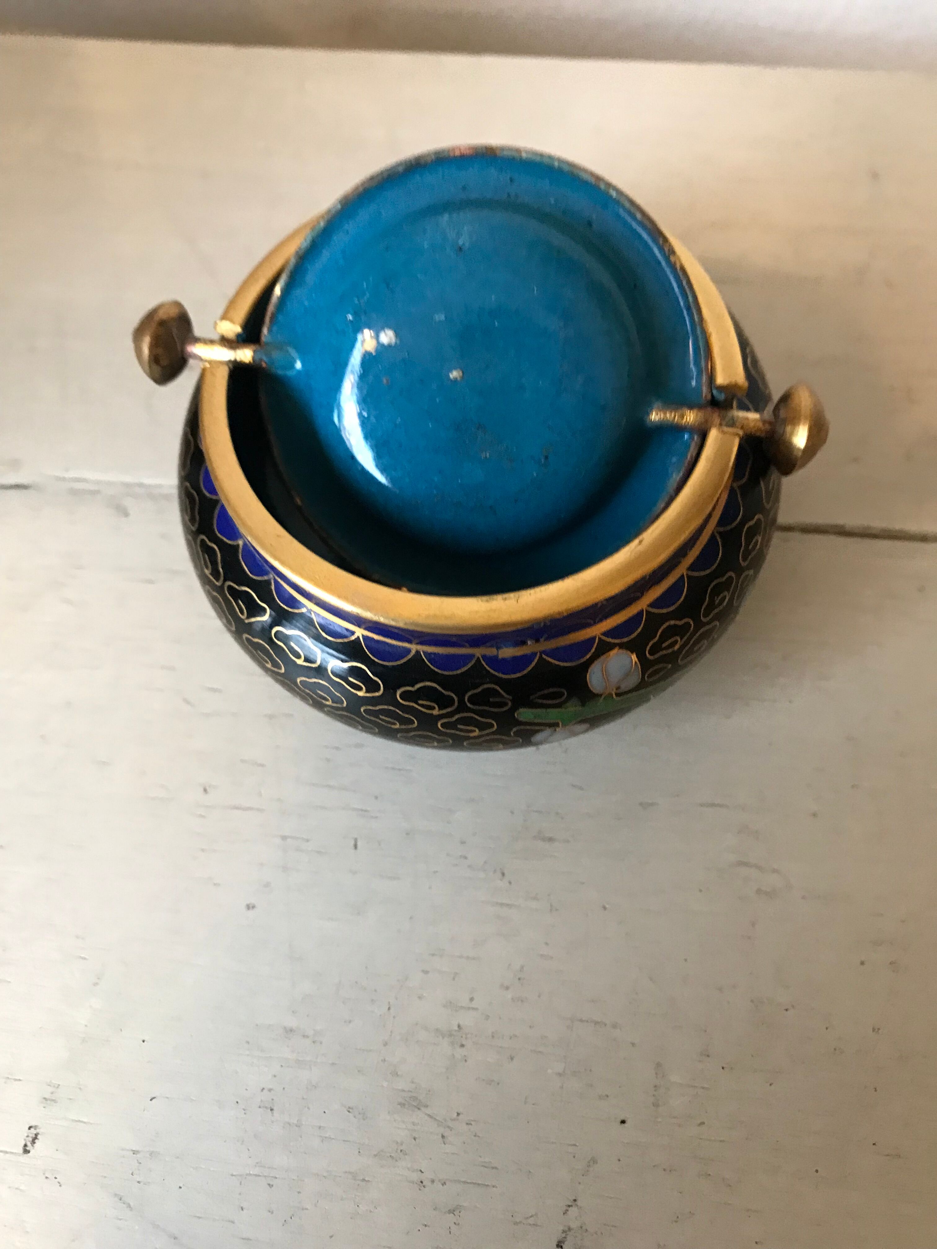 Ashtray burns incense in bronze enamelled floral decoration forget-me-not tones blue and black