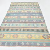 Tapis Kilim Anatolien 5x9 ft – Rayures Pastel en Vert Menthe, 163x268Cm