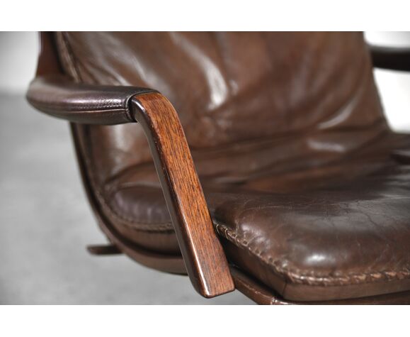 Danish Patinated Leather Adjustable, Danish Leather Chair And Ottoman