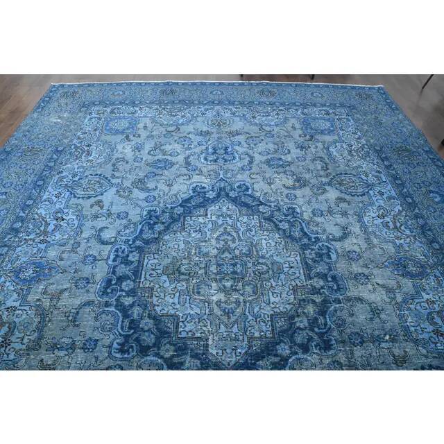 1970s Vintage Persian Handmade Wool Cotton Blue Area Rug 297x385