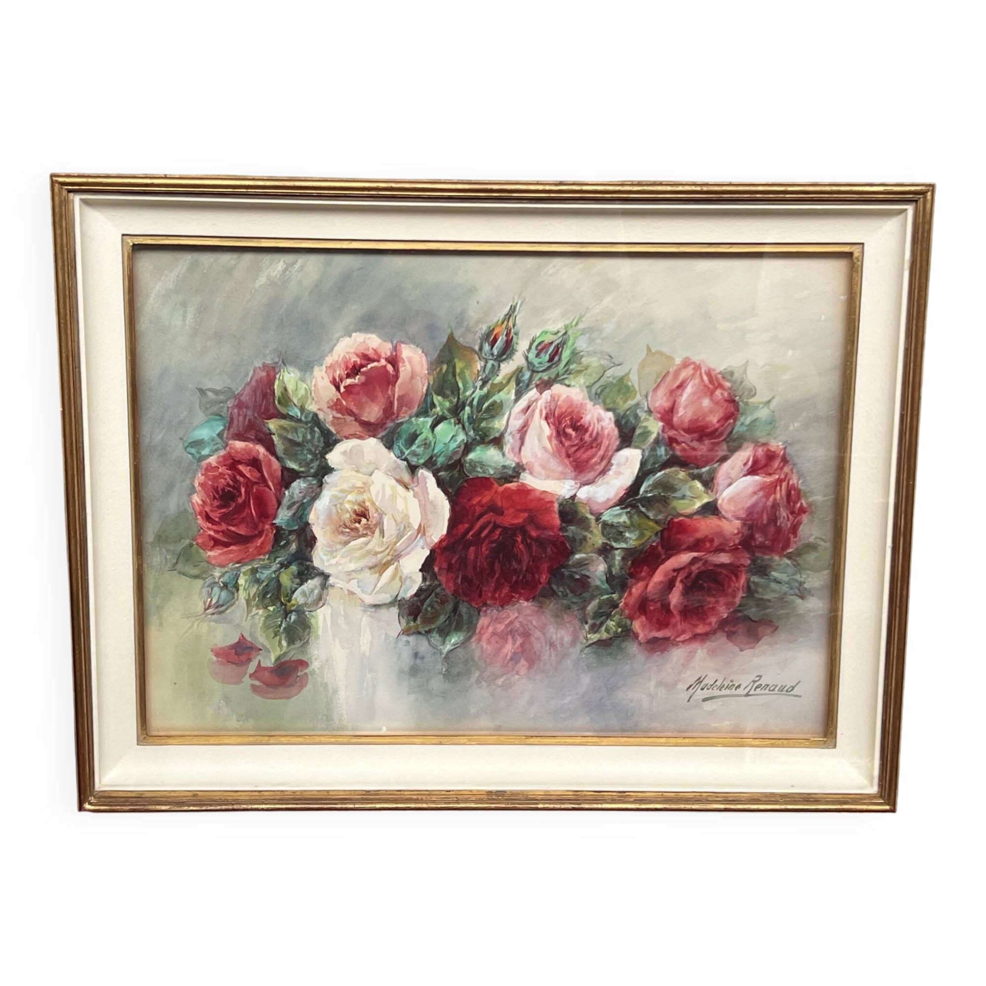 Nature morte "Roses" à l'aquarelle, Madeleine Renaud (1900-1994)