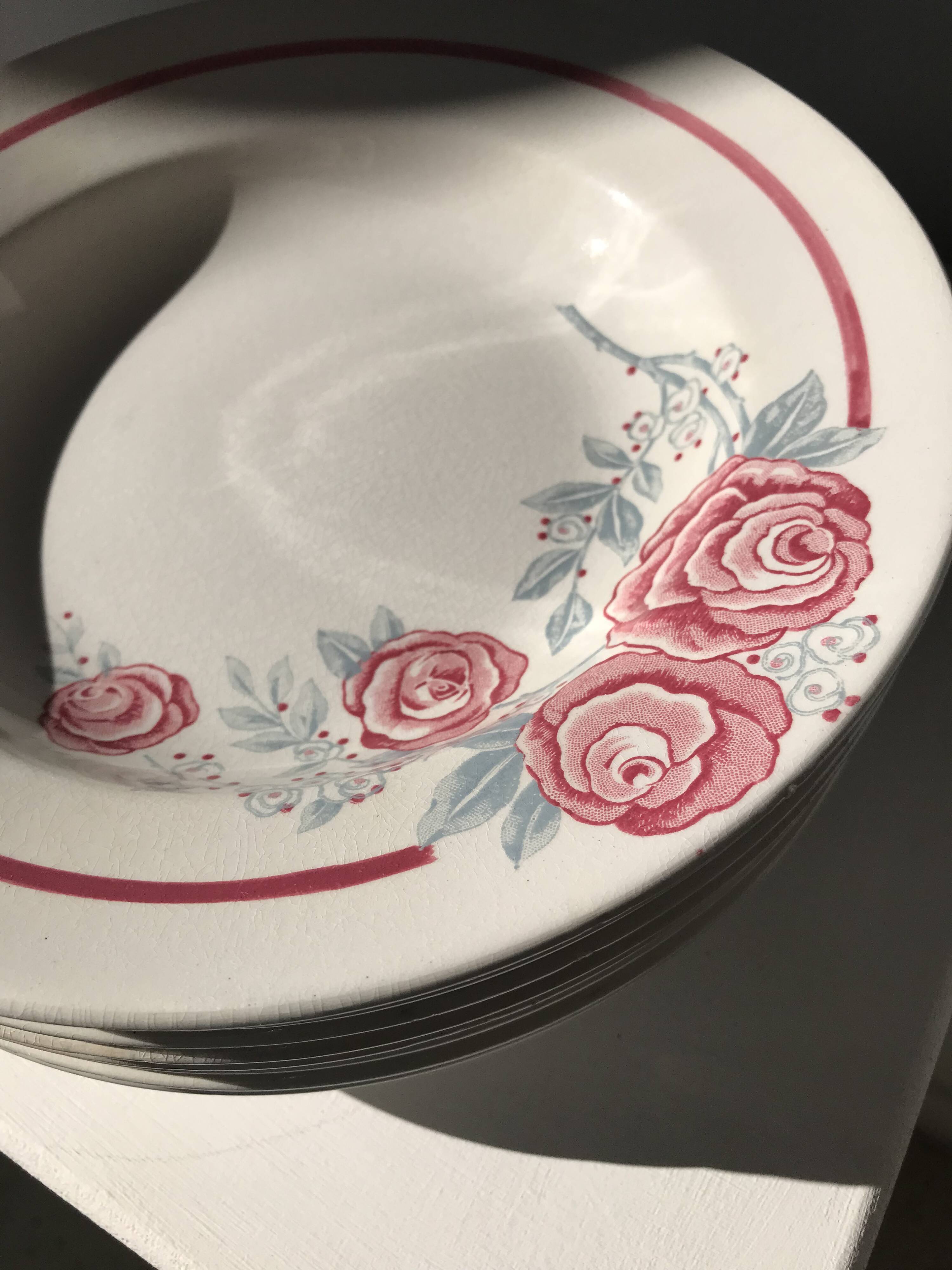 8 vintage Avranches earthenware plates decorated with roses
