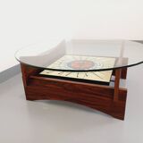 Vintage 60s-70s round coffee table with 2 shelves in glass and rosewood