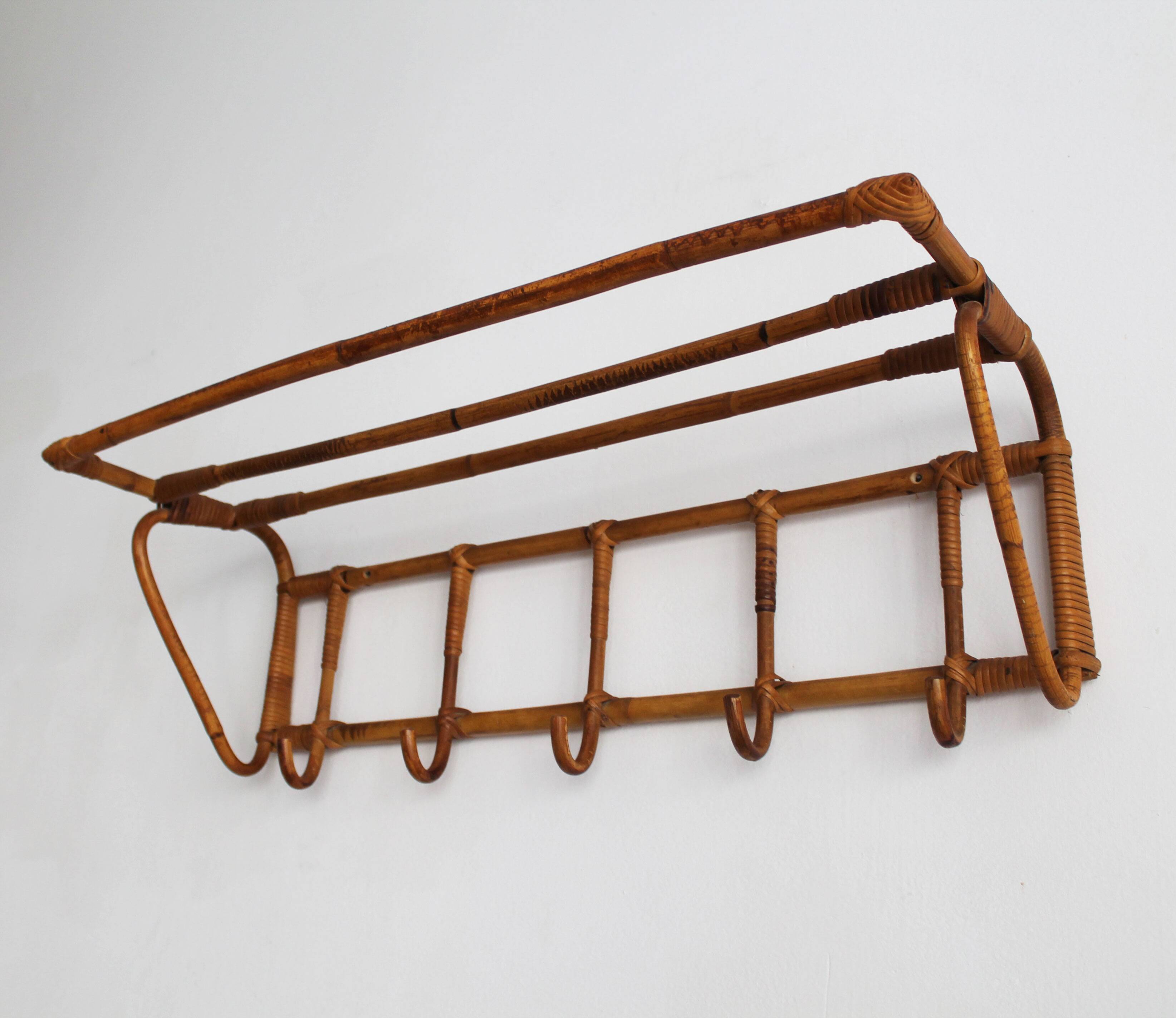 1960s Czechoslovak Rattan Wall Coat & Hat Rack, ÚLUV