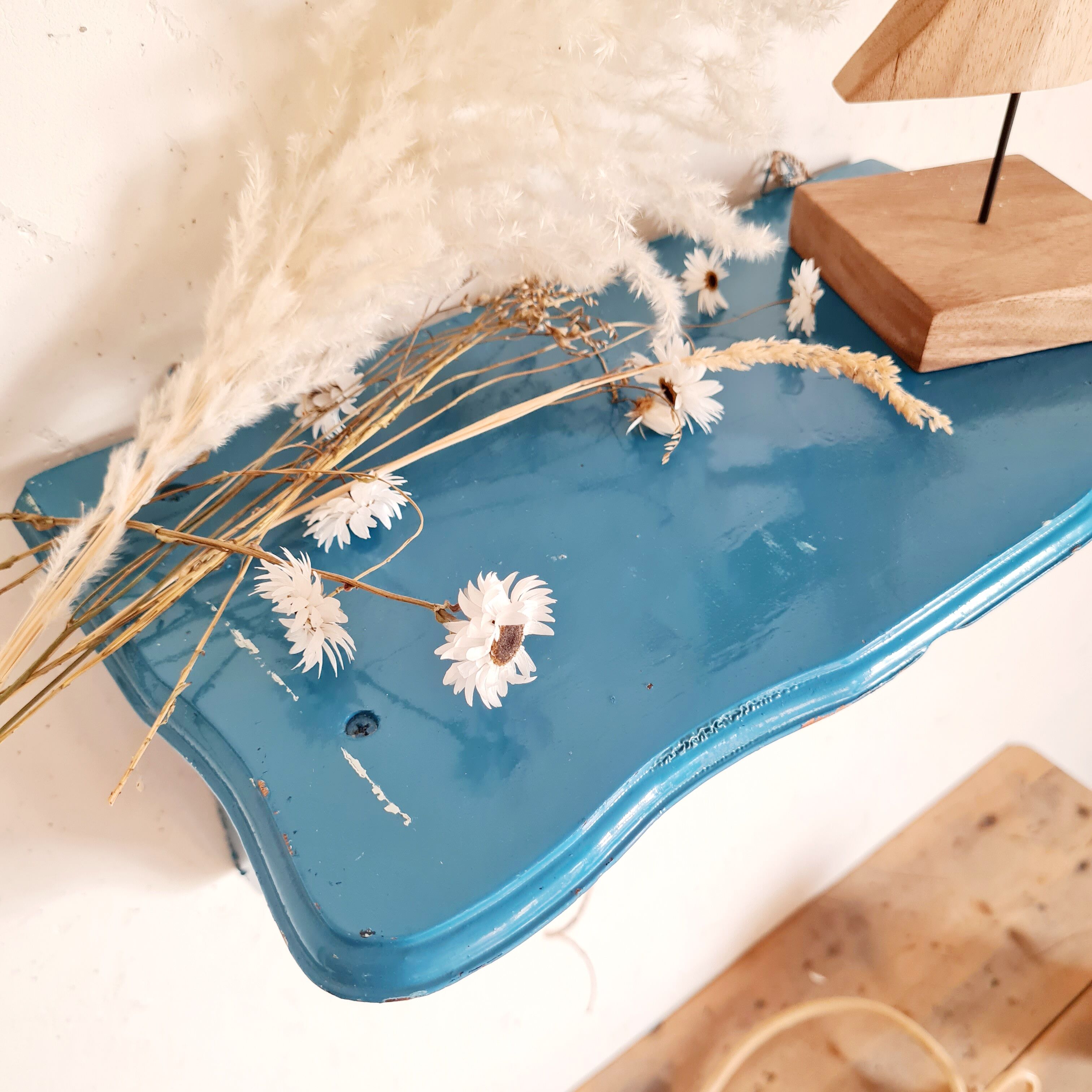 Blue wood wall shelf