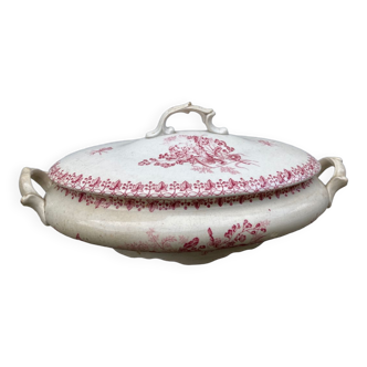 Oval iron earth tureen Onnaing model Old red and white harvest decorated with insects and flowers