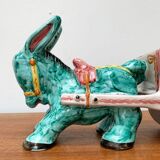 Vintage Italian hand-painted sculpture of a donkey with a cart in the shape of a bowl from Deruta, Italy.