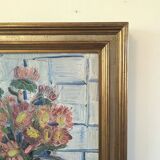 Mid-Century Modern Swedish "Pink Flowers" Vintage Still Life Oil Painting, Framed