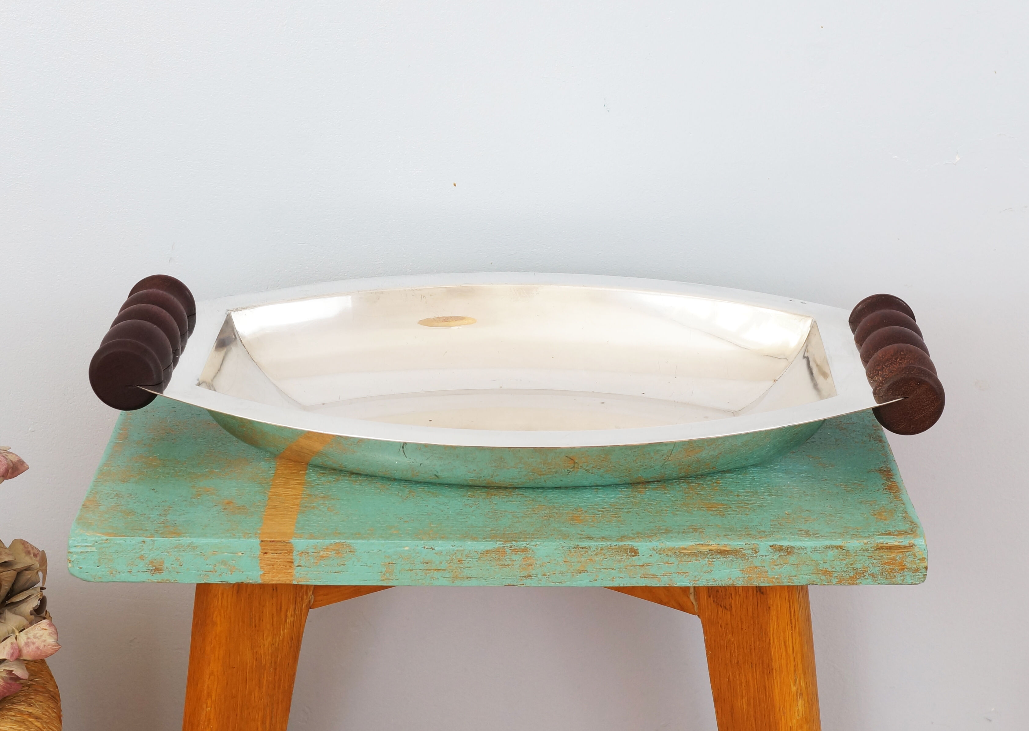 Silver plated metal hollow dish and mahogany handles