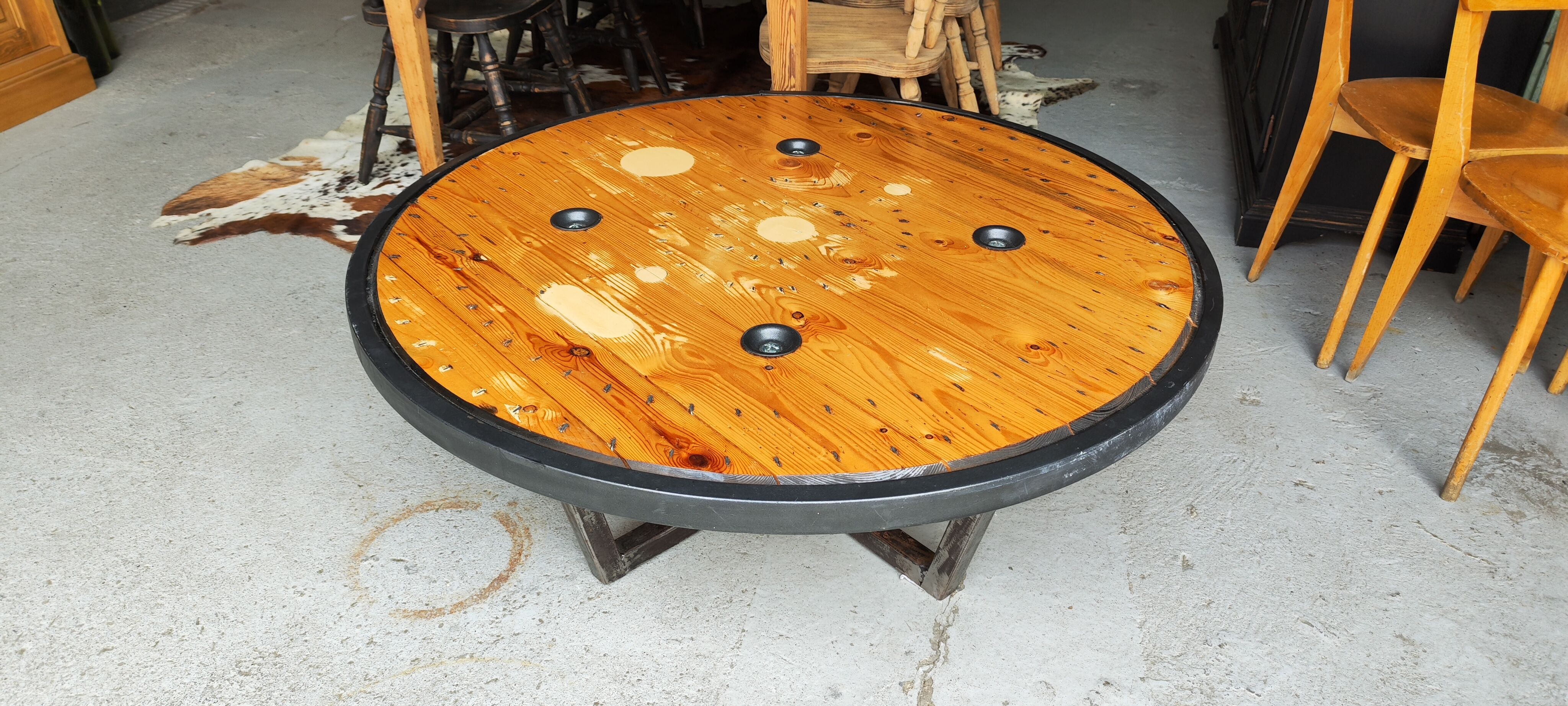 Large industrial coffee table metal and wood drum