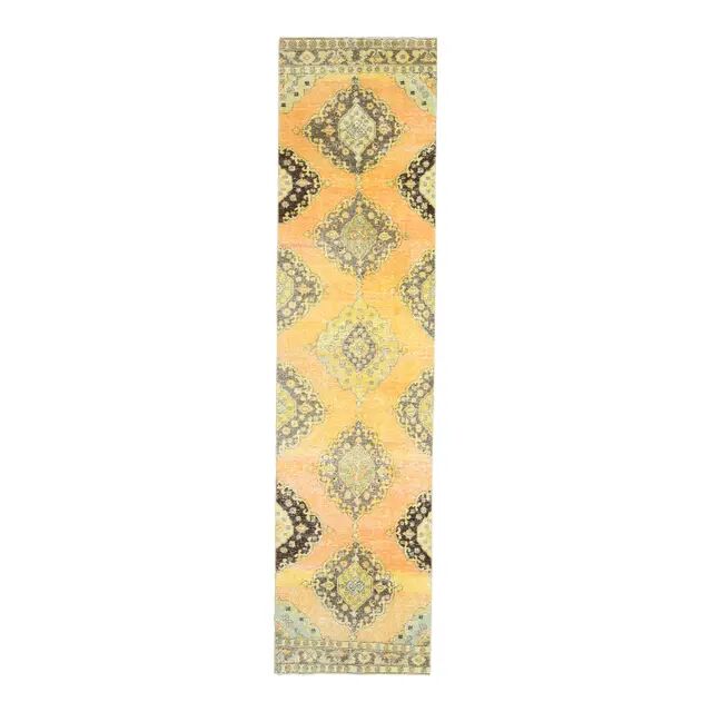 1970s Vintage Turkish Hand-Knotted Wool Cotton Orange Runner Rug 92x390