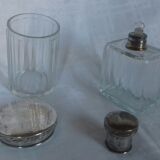 Lot of 4 glass toilet bottles, silver metal caps