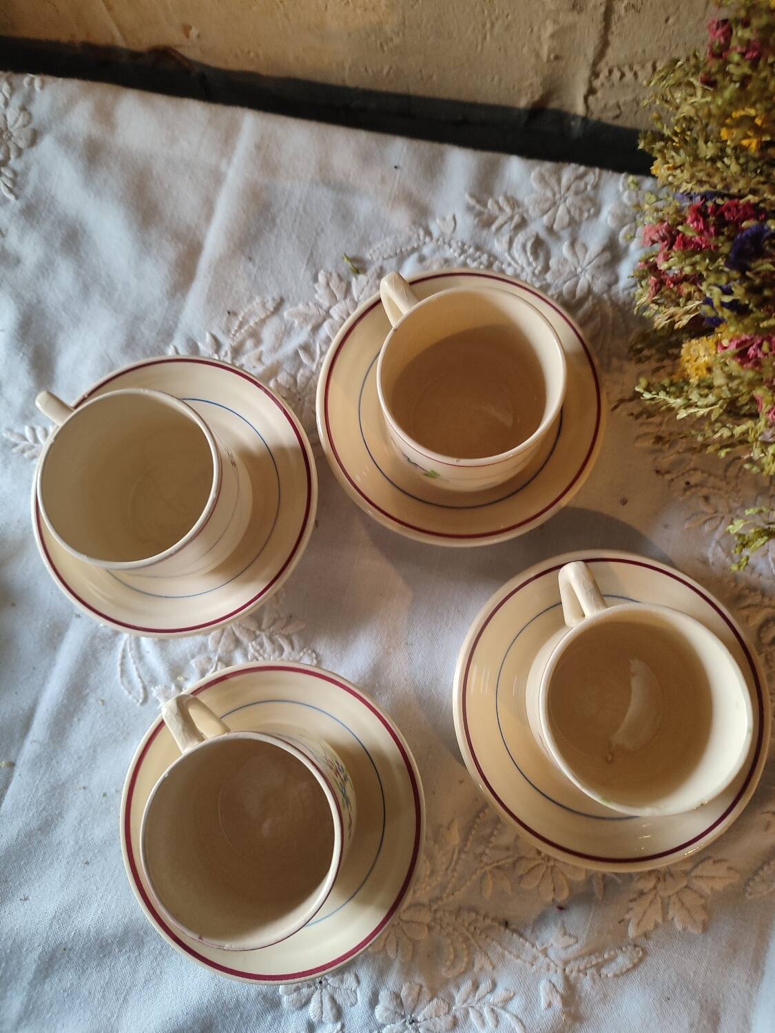 4 iron earth cups and saucers St Amand Moulin des Loups France, Odette model