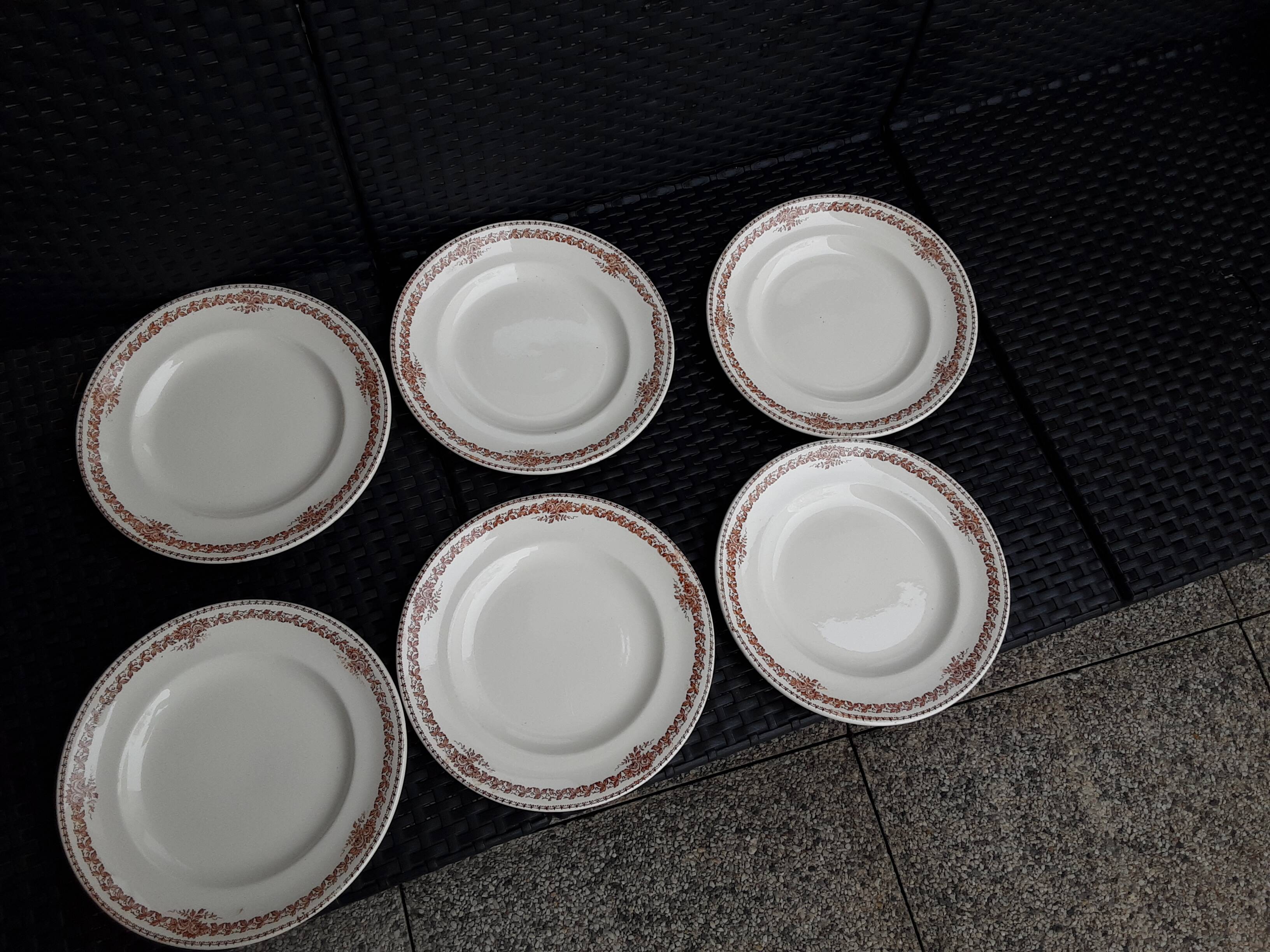 Set of 6 vintage flat plates, 23 cm, Longwy brand, Mireille pattern.