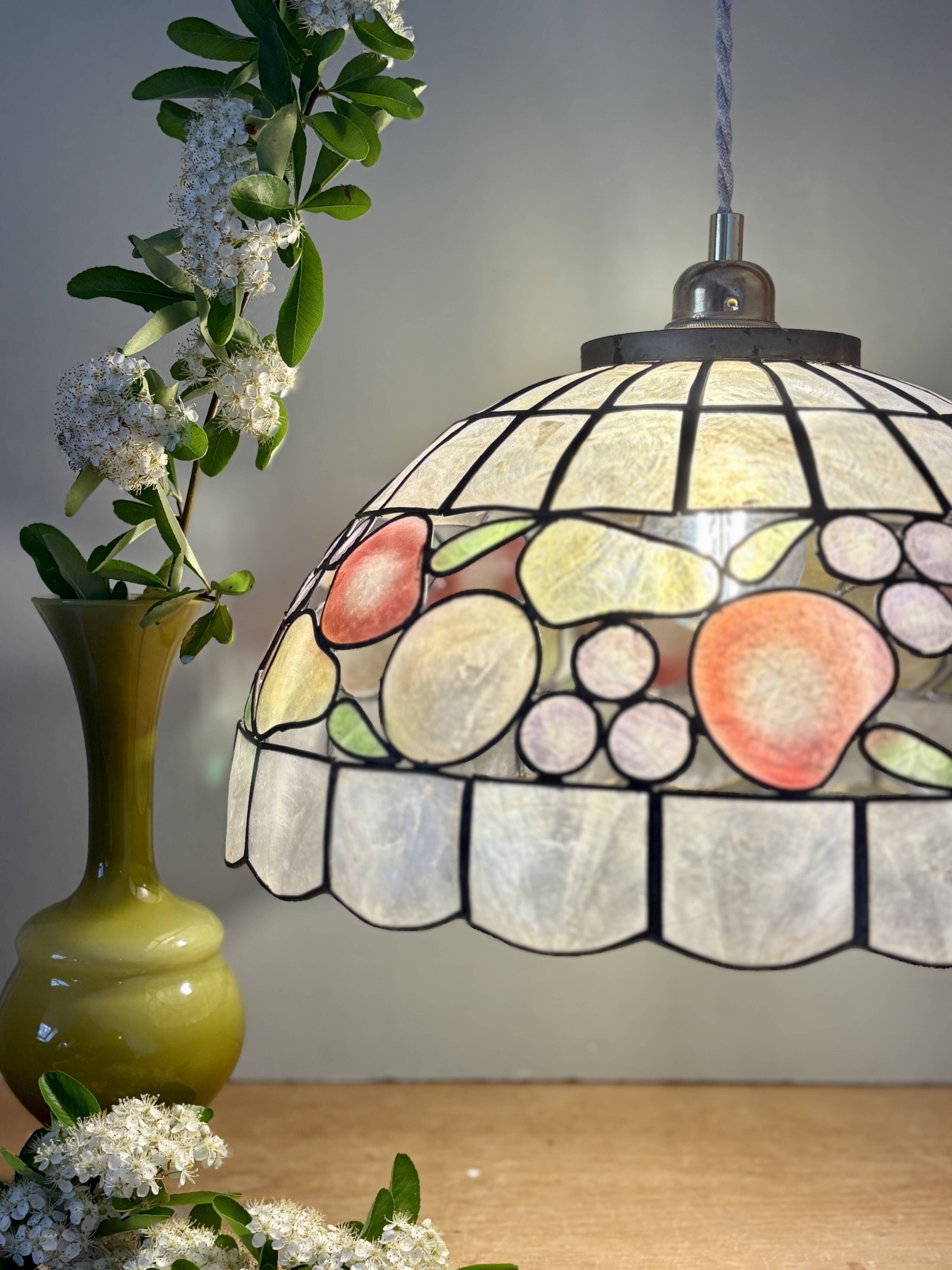 Vintage mother-of-pearl and brass pendant lampshade with fruit decorations