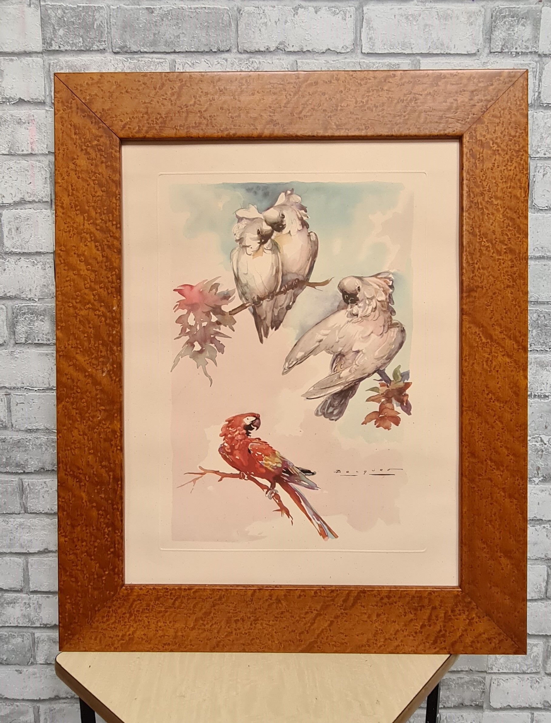 Lithograph birds signed 1996 in beautiful frame in magnifying glass 82xx50