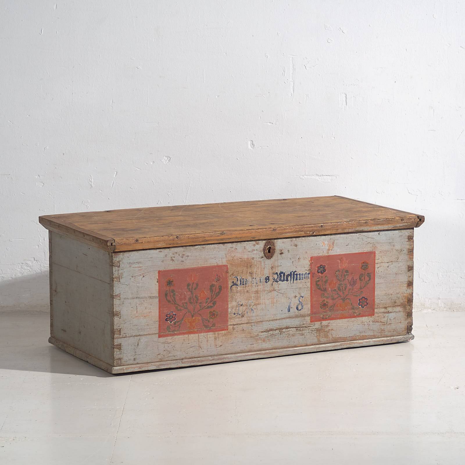 Antique grey trunk with floral details dated 1878 #26