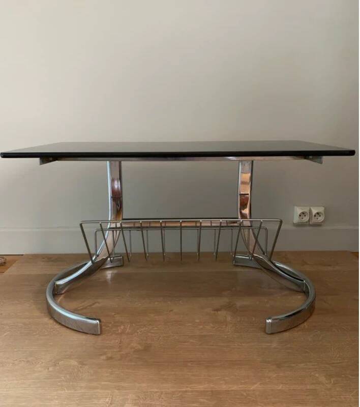 Space Age coffee table in chrome metal and smoked glass with magazine rack – Circa 1970