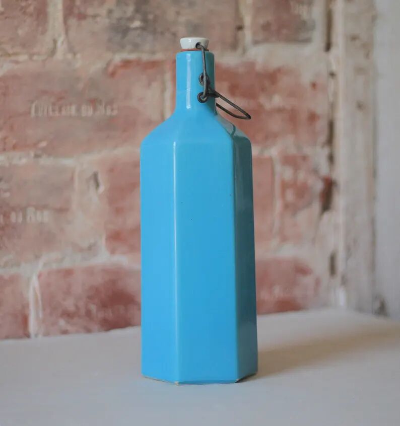 Bouteille de limonade en grès vernissé bleu , grès d'Alsace, poterie, collection