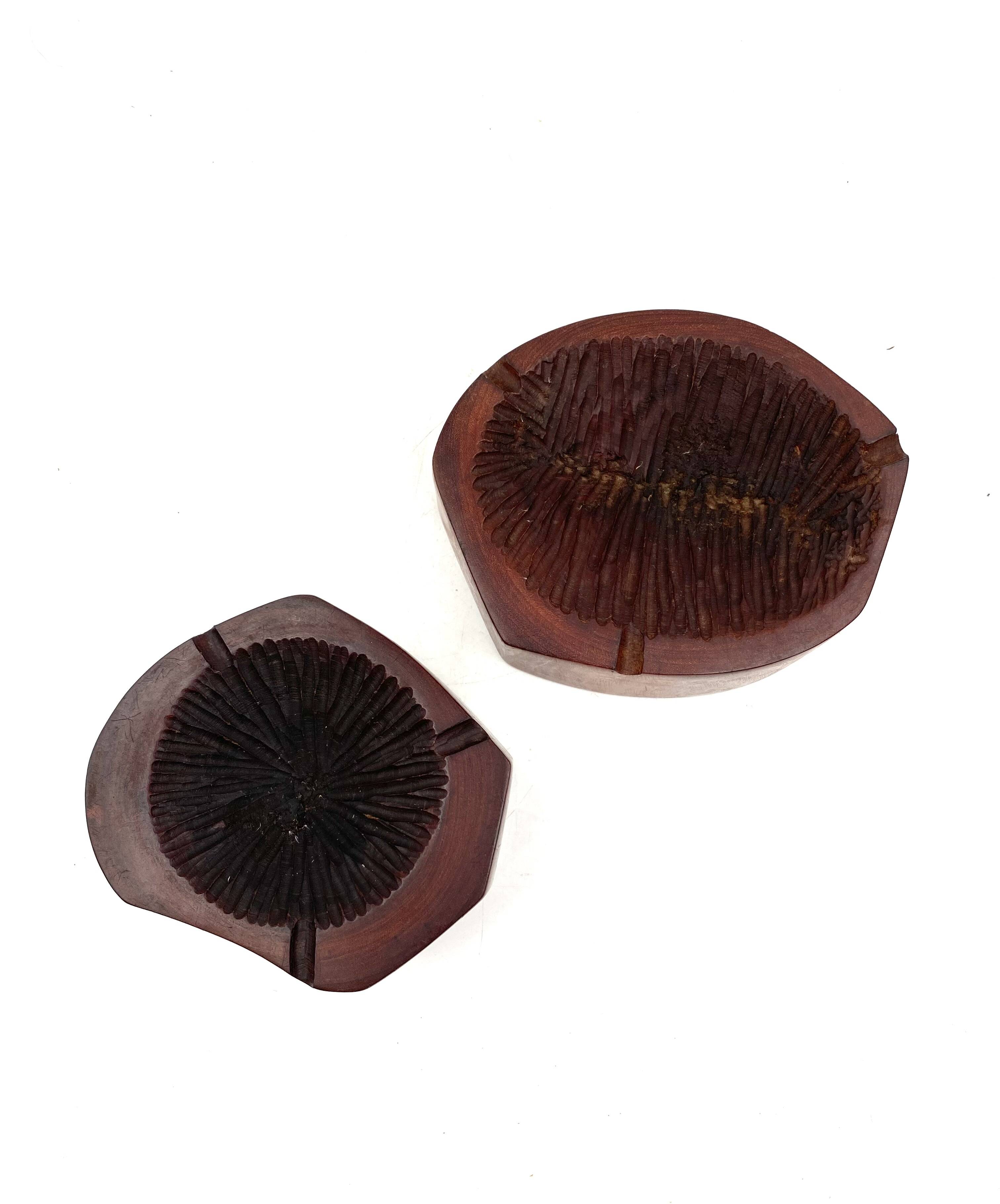 Organic modern set of 2 wood ashtrays, France 1970s