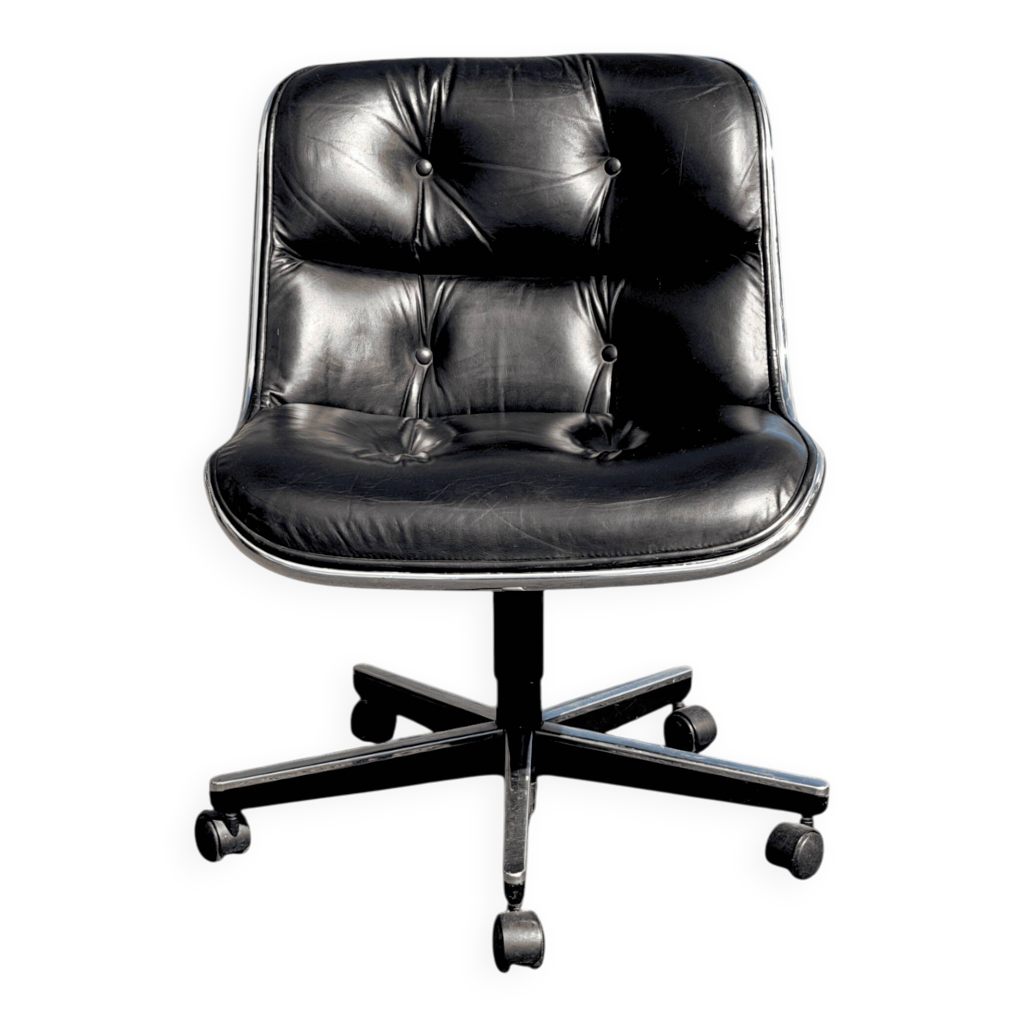 Charles Pollock Knoll office chair in black leather without armrests.