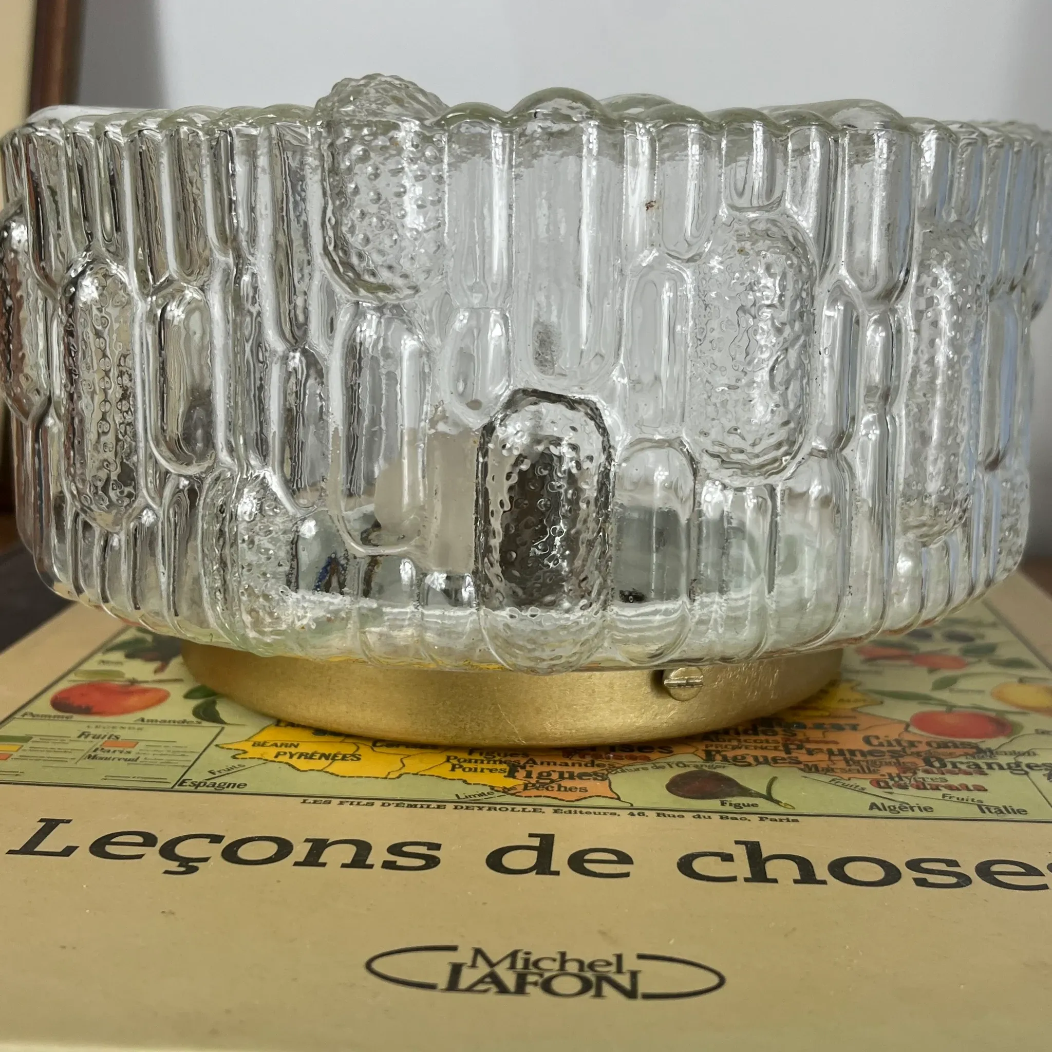 Vintage round wall lamp ceiling light transparent glass reed 1970s 1980s