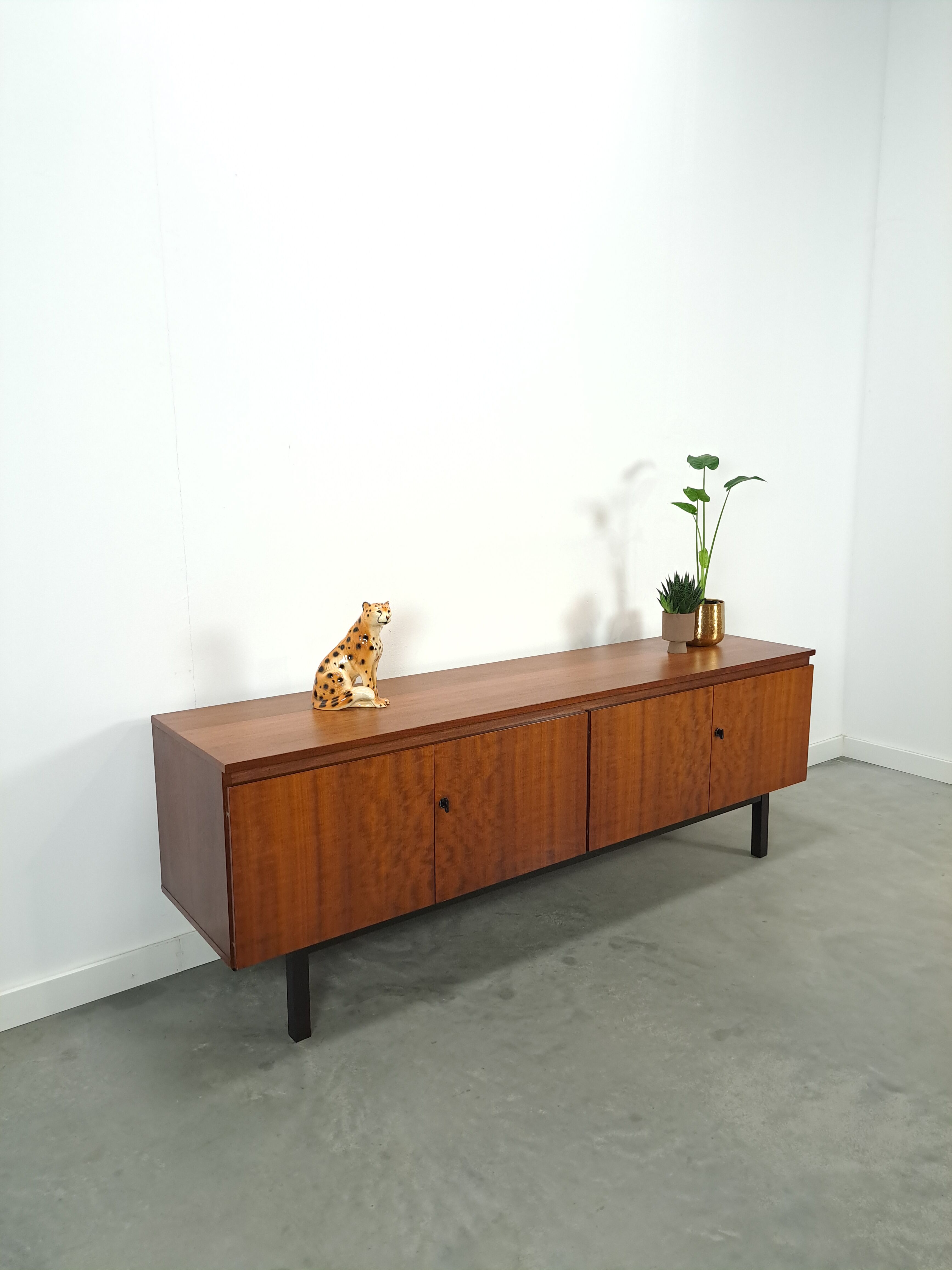 Long dark walnut veneer sideboard, vintage TV cabinet