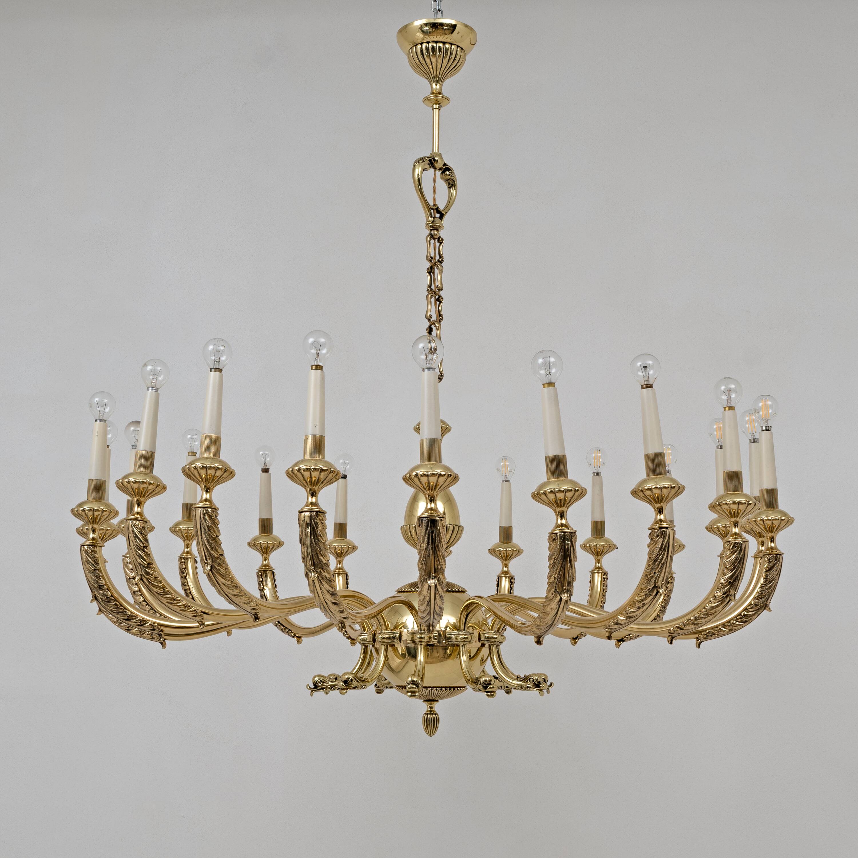 Italian Neoclassical Style 20-Light Brass Chandelier, 1950s