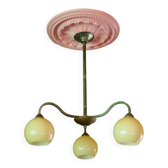 Art deco suspension, 3-light beige opaline globe chandelier, ceiling lamp, ceiling lamp