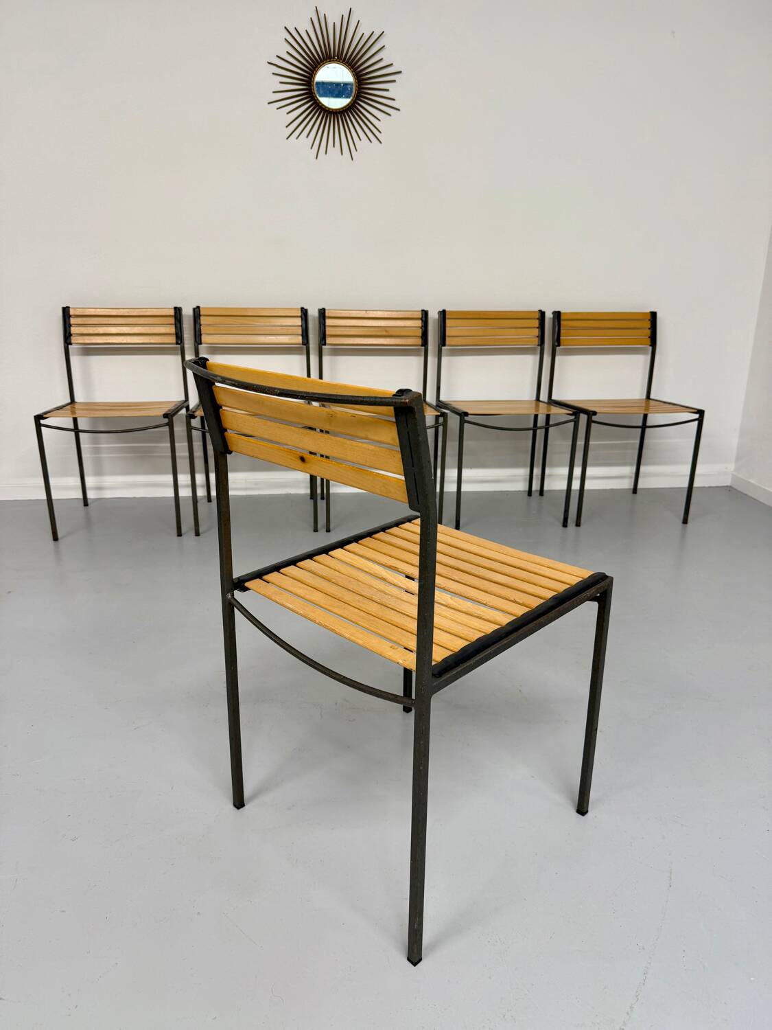 6 old metal and wood chairs, Italian design from the 80s, vintage