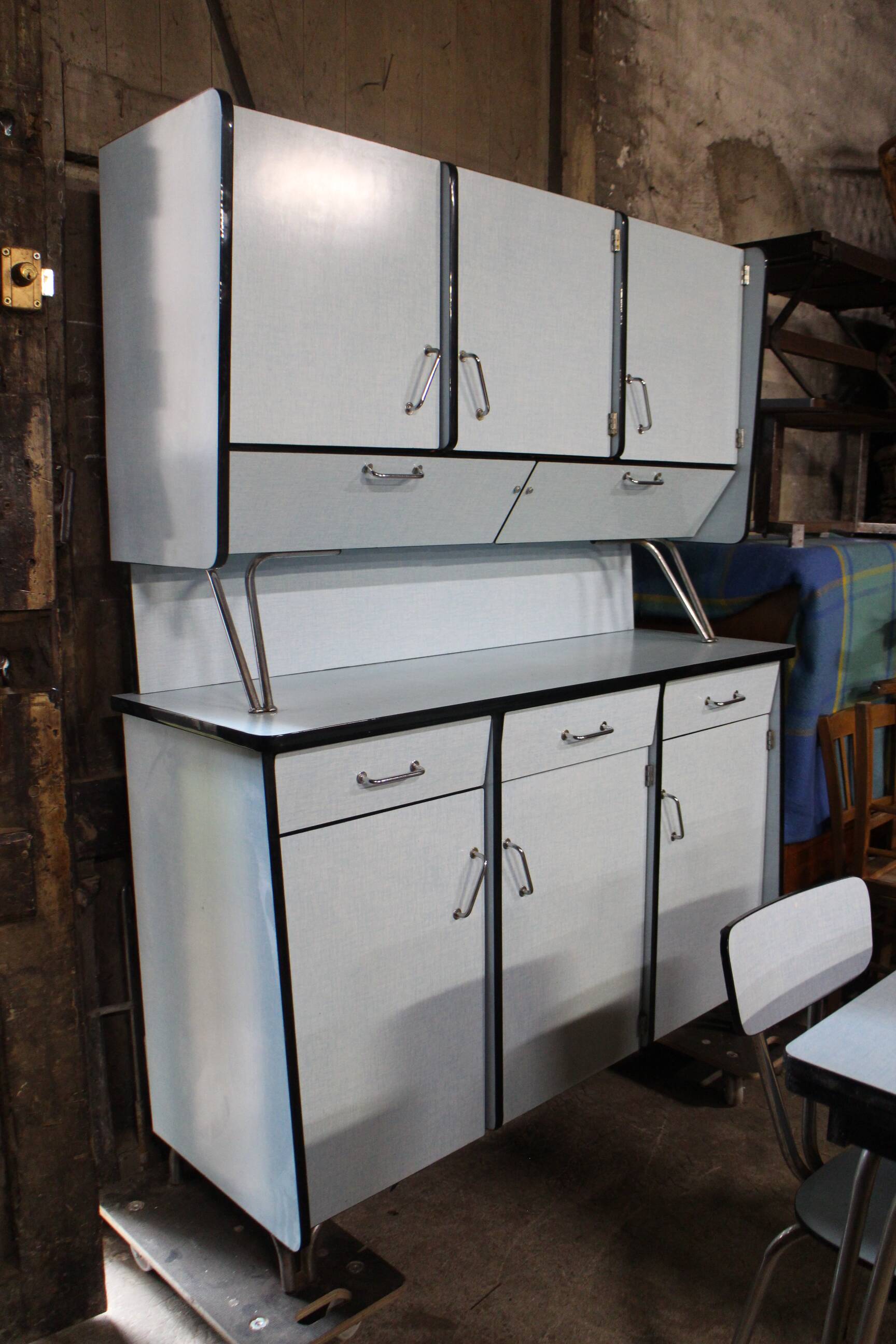 complete kitchen in blue formica buffet table and chairs