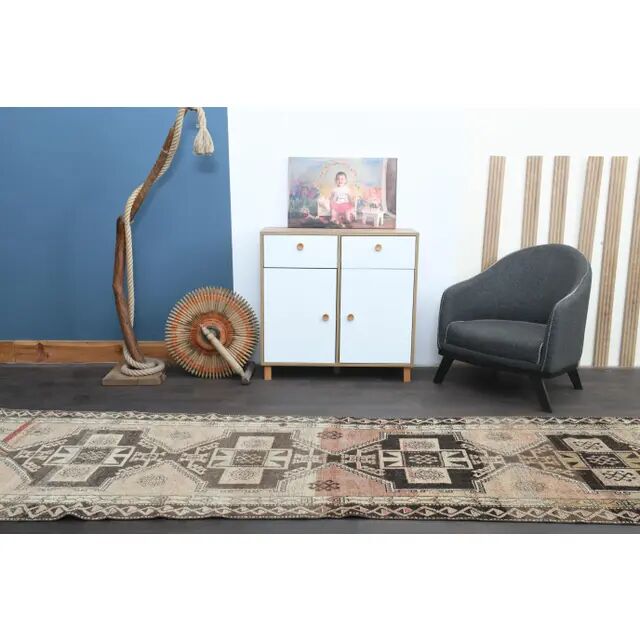1970s Turkish Oushak Handmade Wool Cotton Orange Runner Rug 117x391