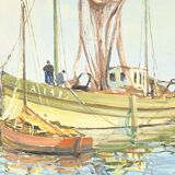 Peinture à l’Huile sur Isorel « Chalutier et Thoniers », signée G.Lhermitte – Milieu XXe