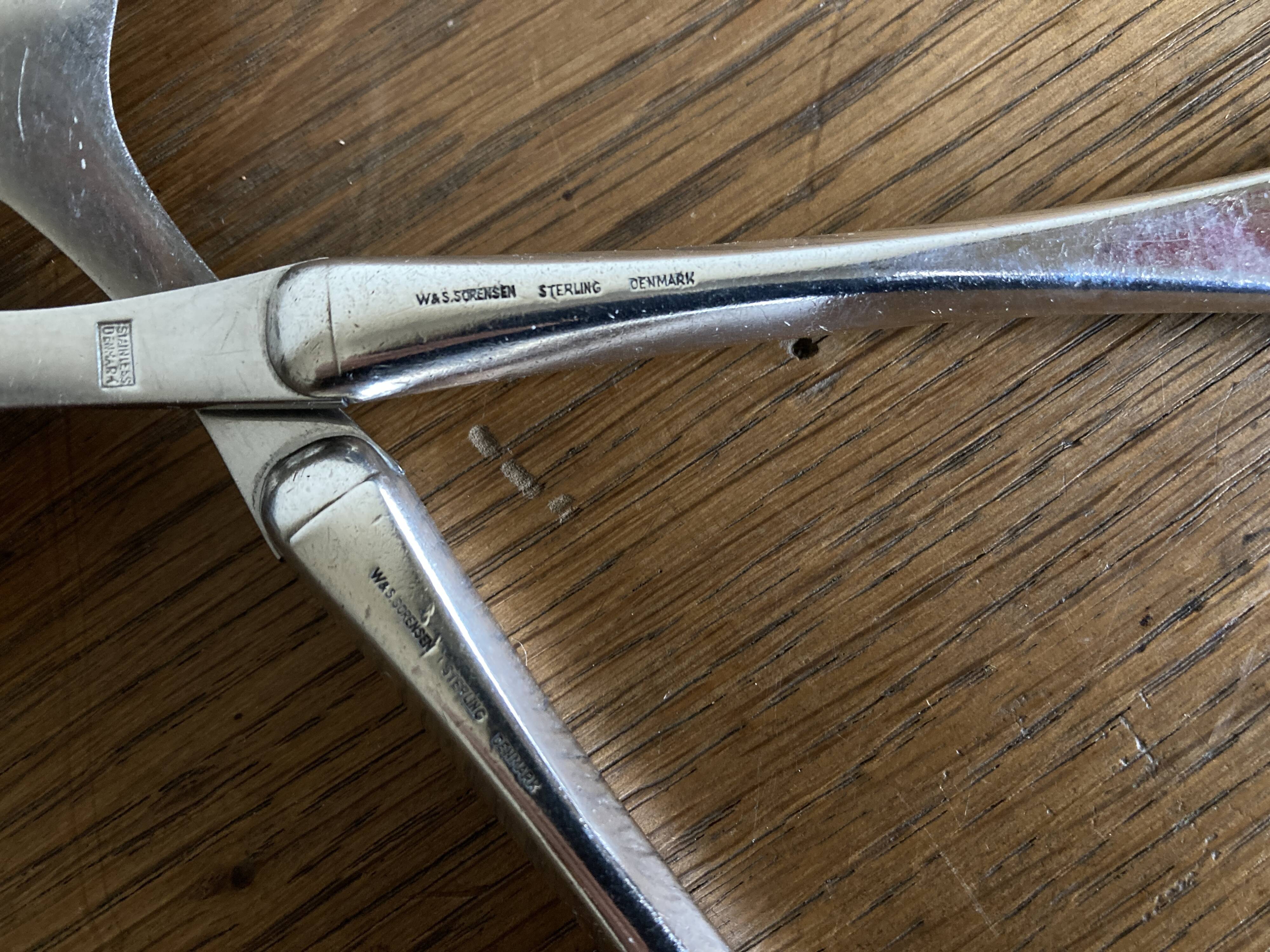 Midcentury Denmark Sorensen sterling silver salad server set 1959