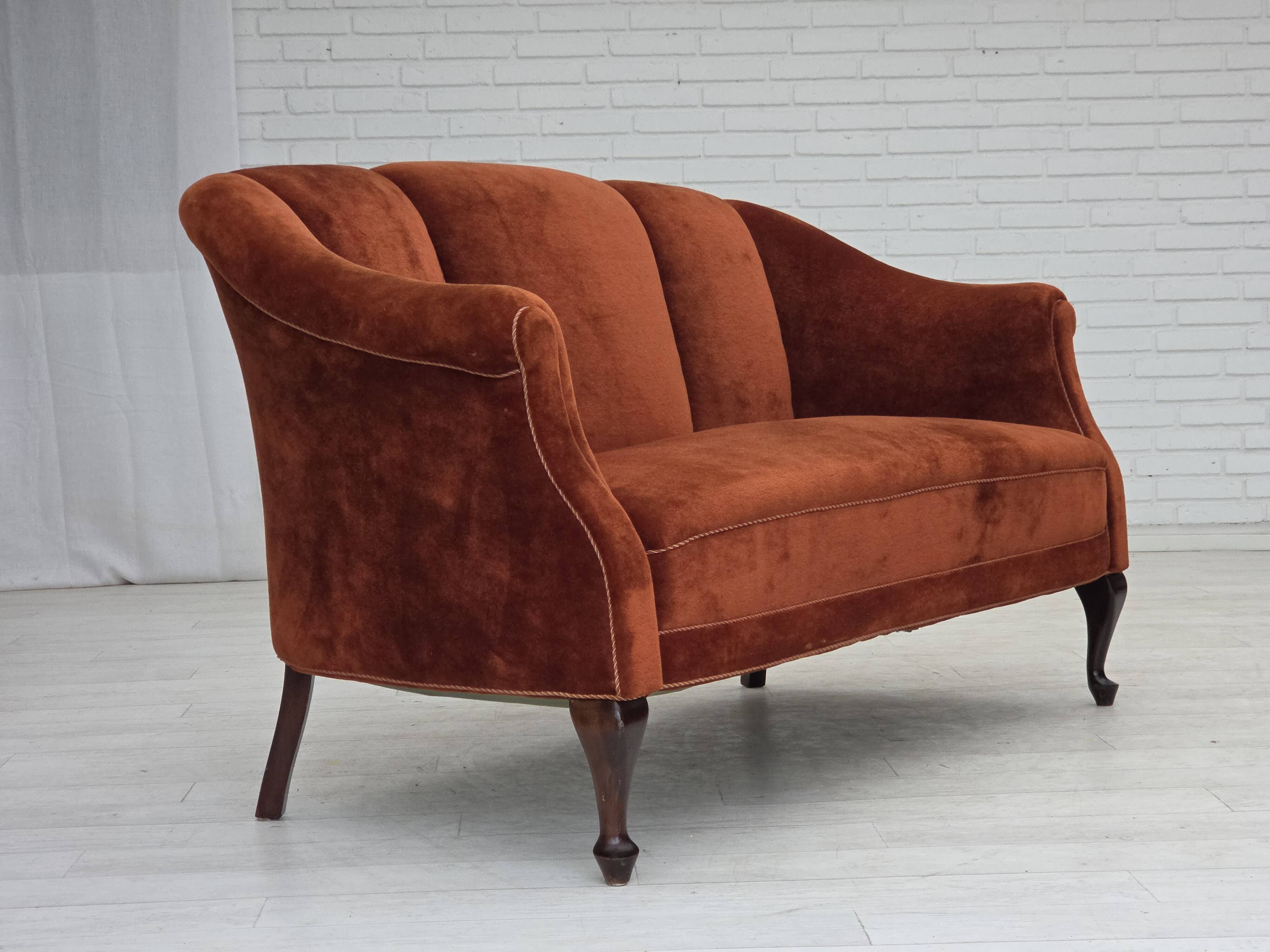 1950s, Danish 2-seater sofa, furniture velour, oak wood legs.