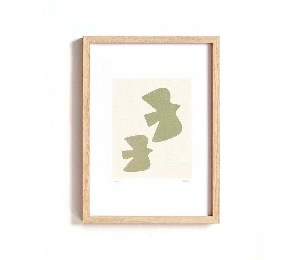 Painting on paper - Birds - sage green - signed Eawy