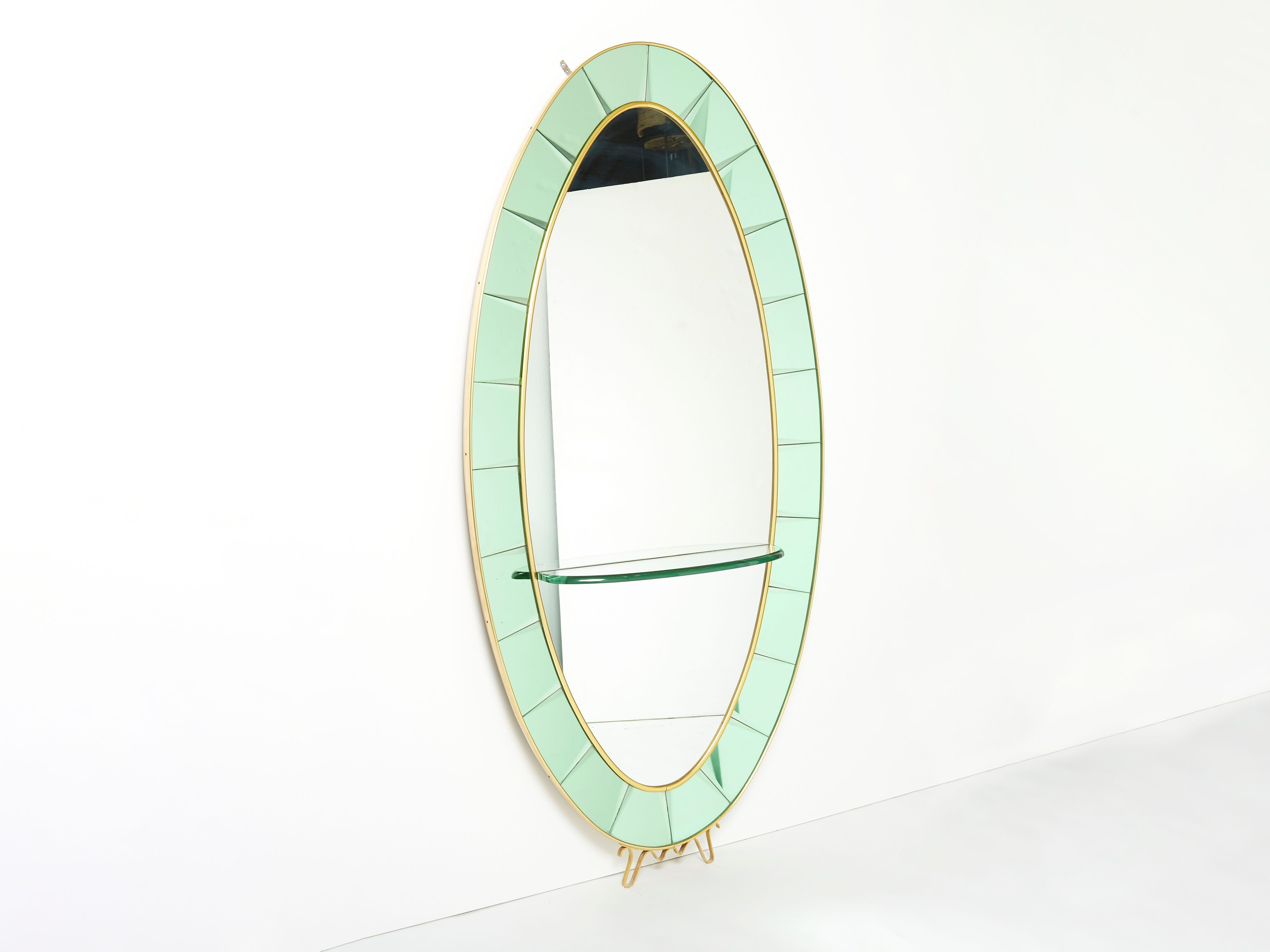 Large Italian mirror oval brass crystal green crystal of Cristal Arte 1950s 110x219cm