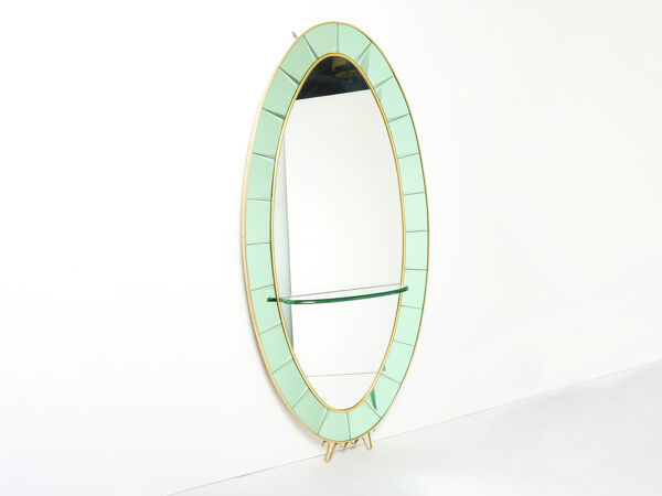 Miroir Italien oval laiton cristal vert de Cristal Arte 1950s 110x219cm