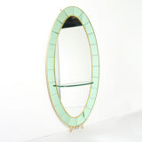 Large Italian mirror oval brass crystal green crystal of Cristal Arte 1950s 110x219cm