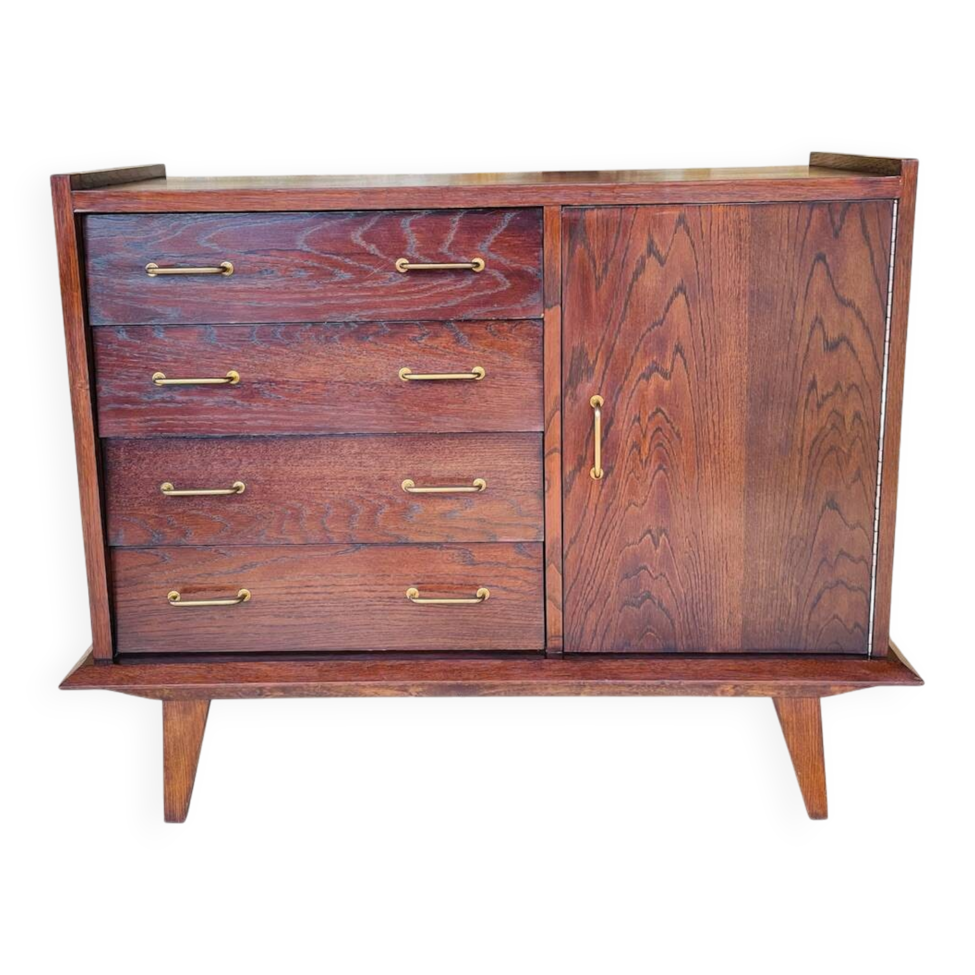 Large vintage chest of drawers with four drawers and one door in oak, circa 1960s