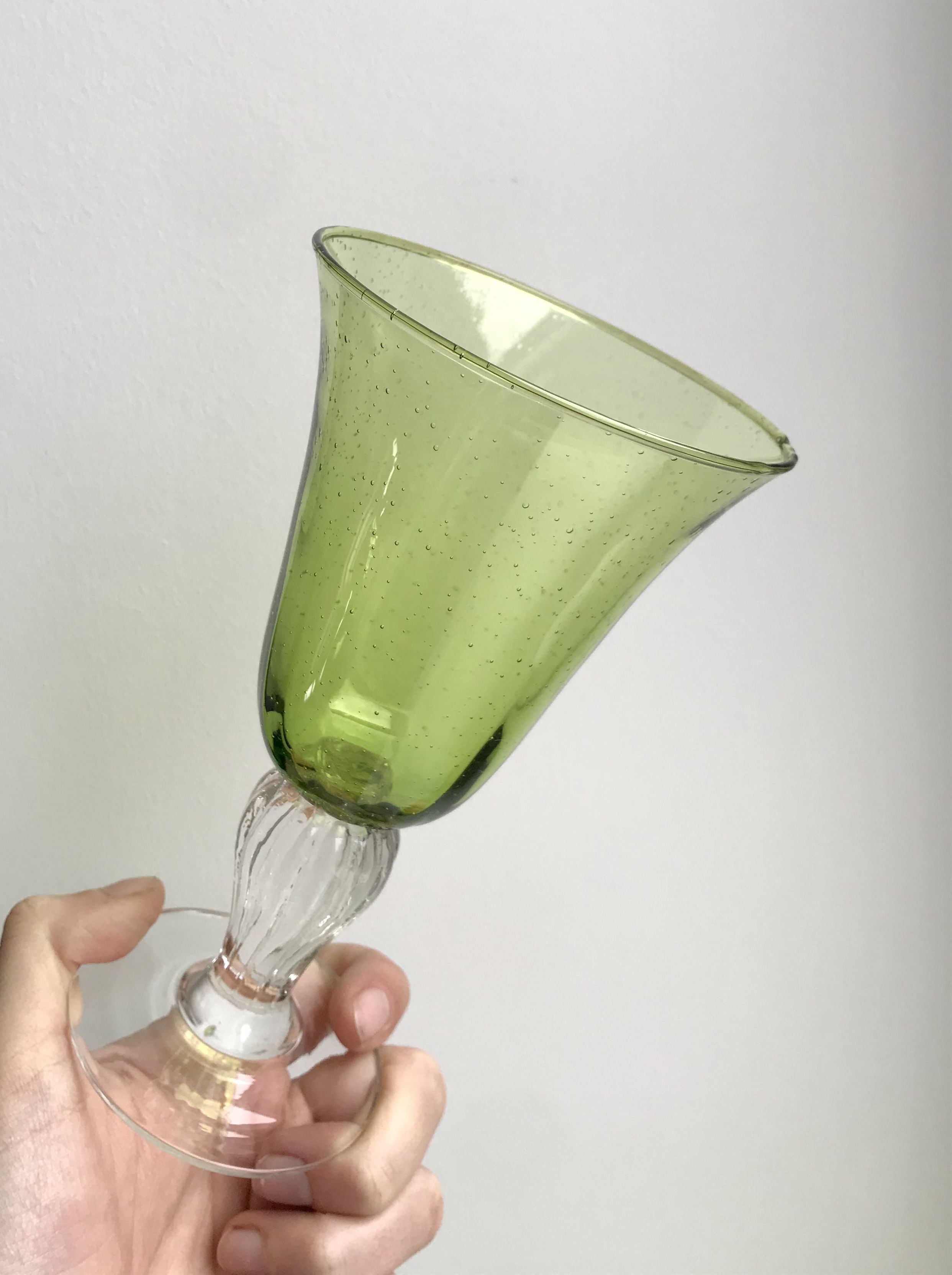 Set of 4 wine glass bubbled glass of Biot green 70s