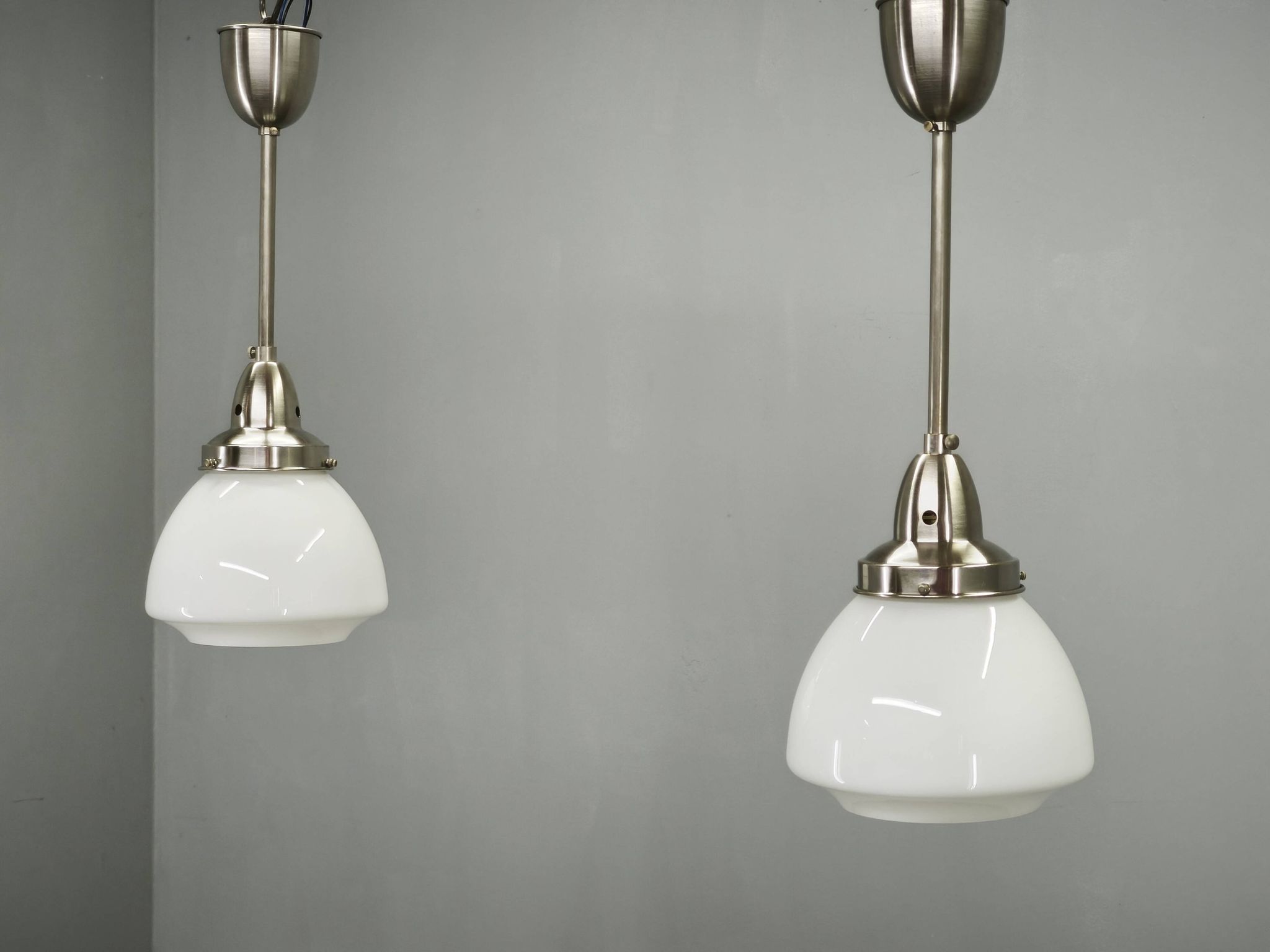 Pair of 1930s Czech Art Deco Opaline Glass and Chrome Pendant Lights