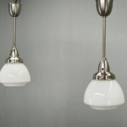 Pair of 1930s Czech Art Deco Opaline Glass and Chrome Pendant Lights